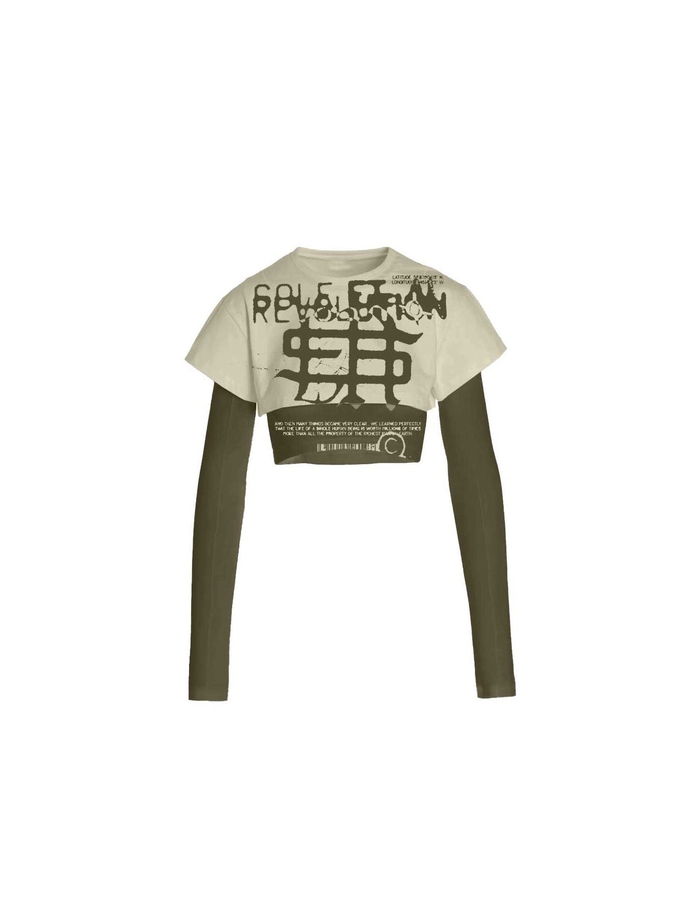 Sohle et. Al Women's Revølutiøn Double Layered Cropped Tee : Sand / Military Green